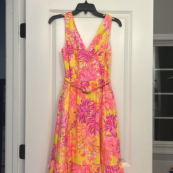 Lilly Pulitzer Bri V-Neck Cotton Midi-Dress - Calla Yellow Floral Coral - Size 4 - Picture 8 of 11
